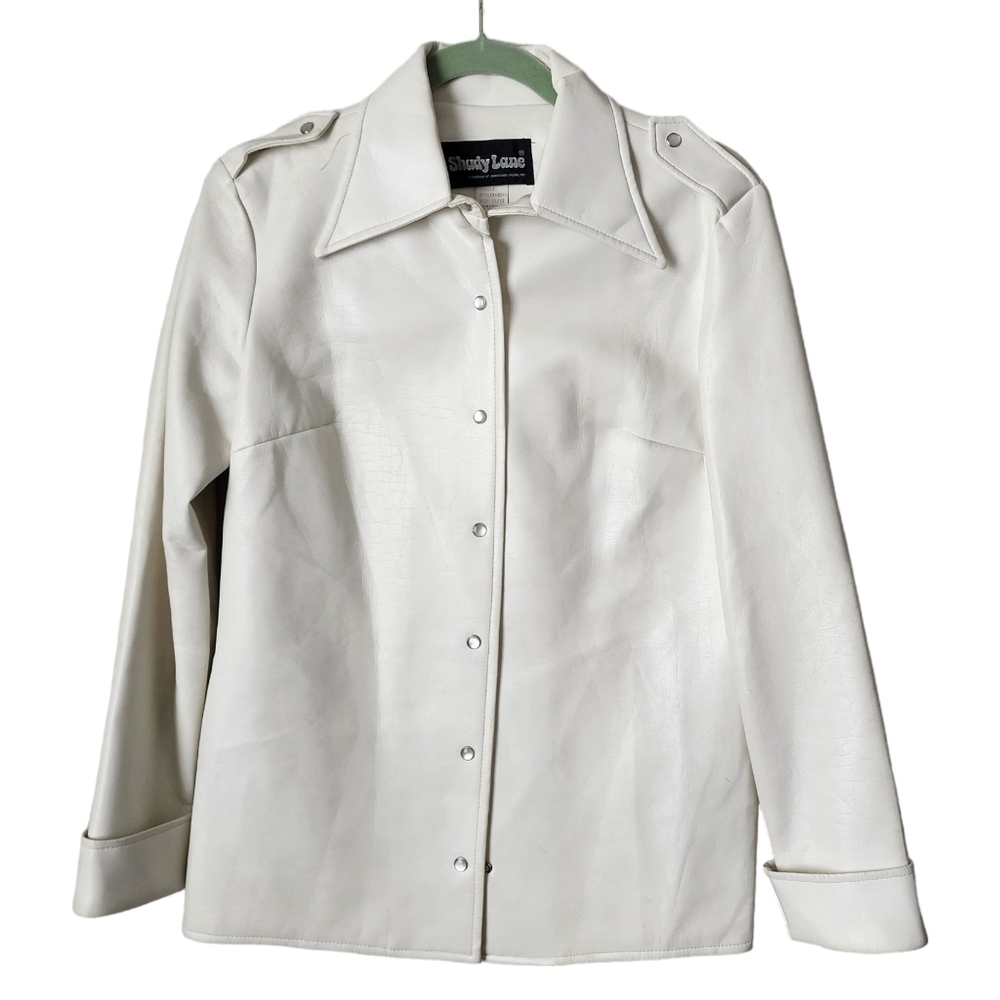 SHADY LANE x VINTAGE 70's vinyl pointed collar shirt in white pearl snap buttons
